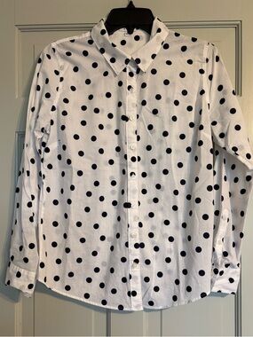 Crown & Ivy Small White Button-Up Lightweight Shirt with Black Polka Dots